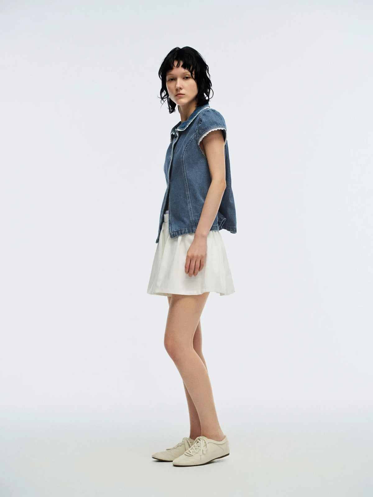 Peter Pan Collar Lace Trim Fit Cotton Cap Sleeve Denim Shirt