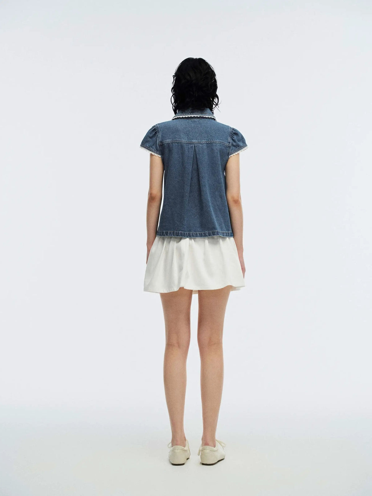 Peter Pan Collar Lace Trim Fit Cotton Cap Sleeve Denim Shirt