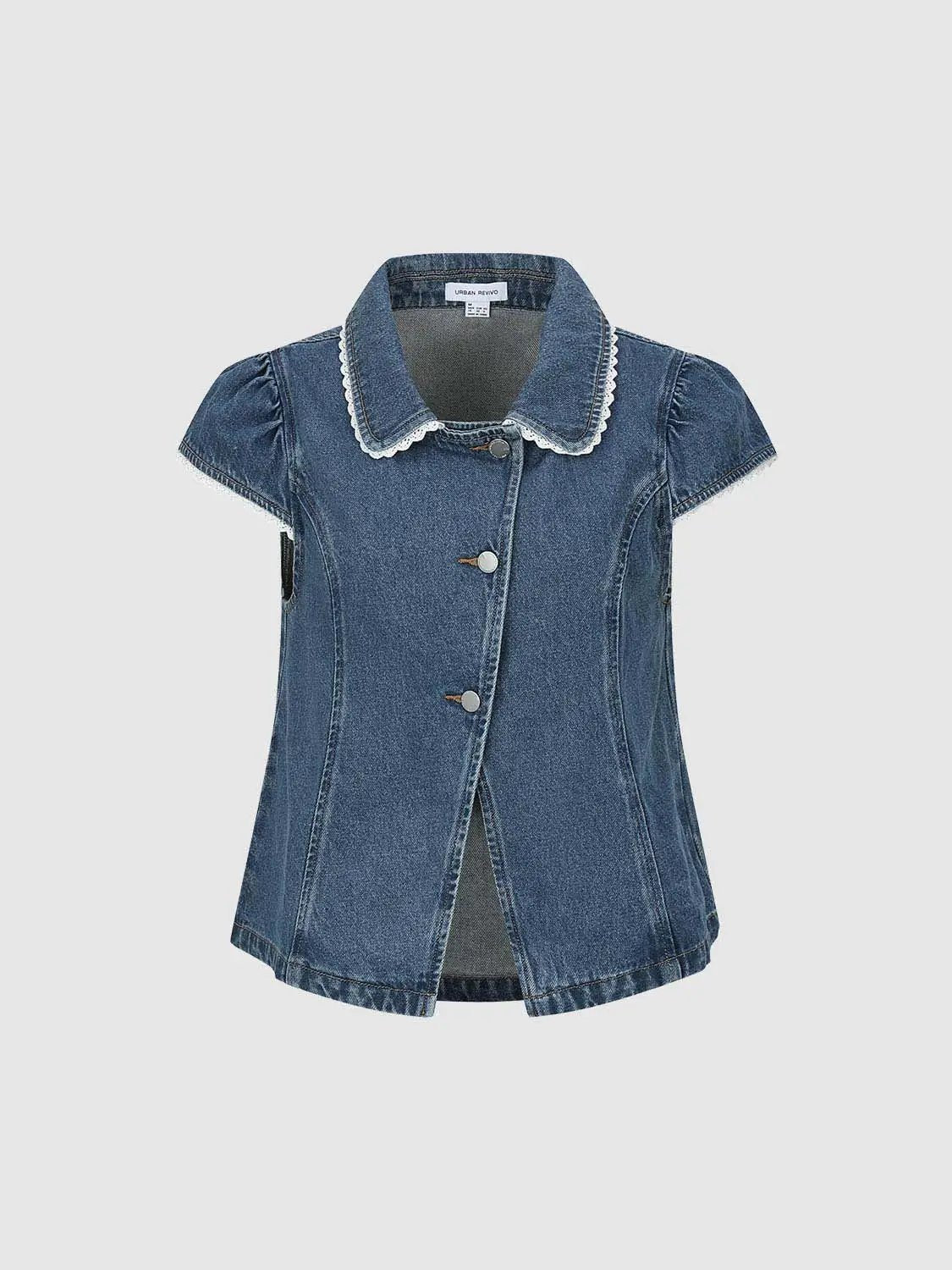 Peter Pan Collar Lace Trim Fit Cotton Cap Sleeve Denim Shirt