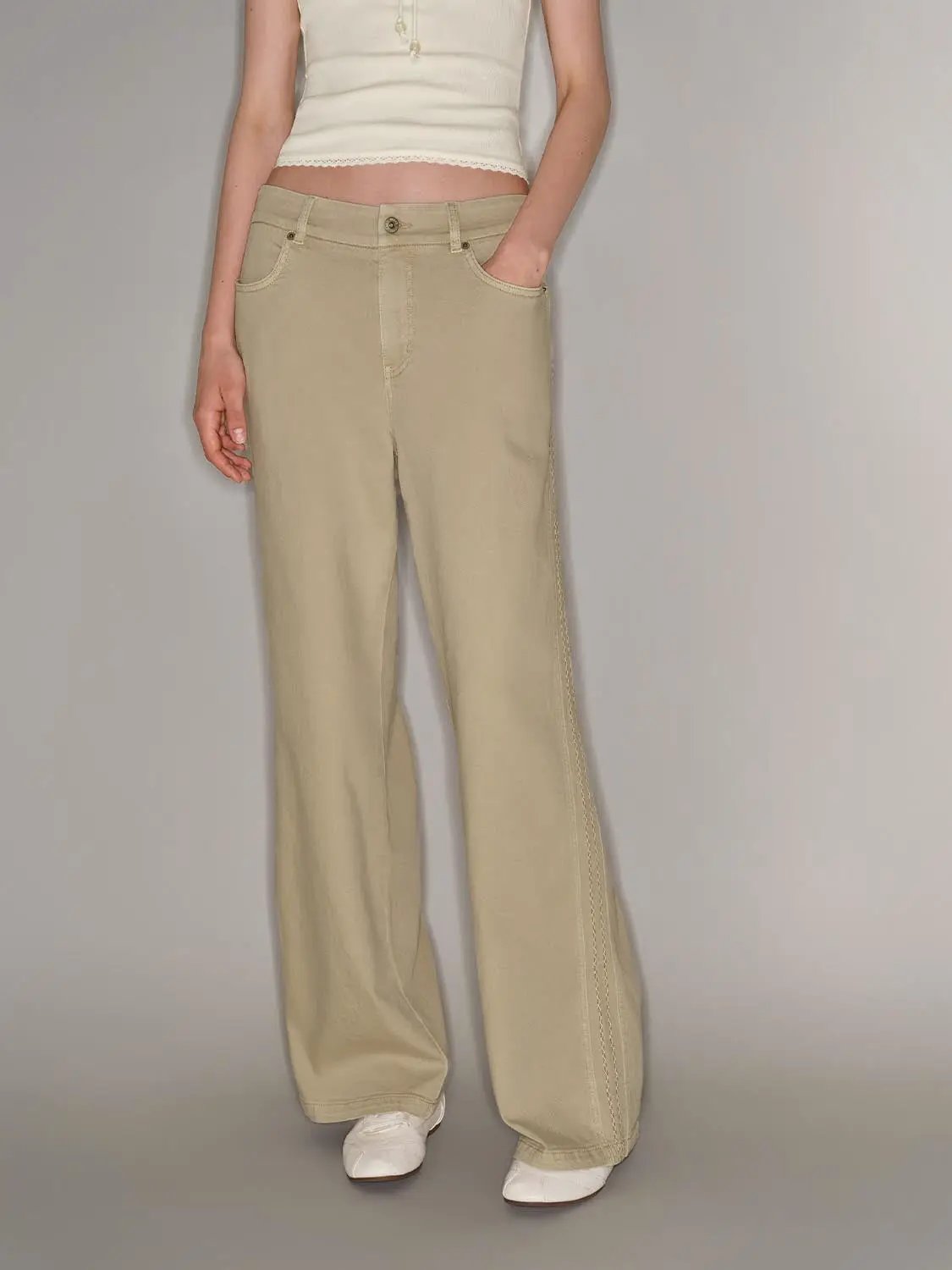Side Stitch High-waisted Cotton Blend Wide-leg Pants