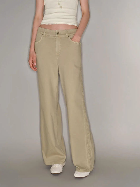 Side Stitch High-waisted Cotton Blend Wide-leg Pants