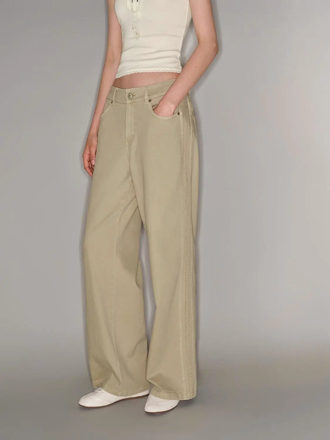 Side Stitch High-waisted Cotton Blend Wide-leg Pants