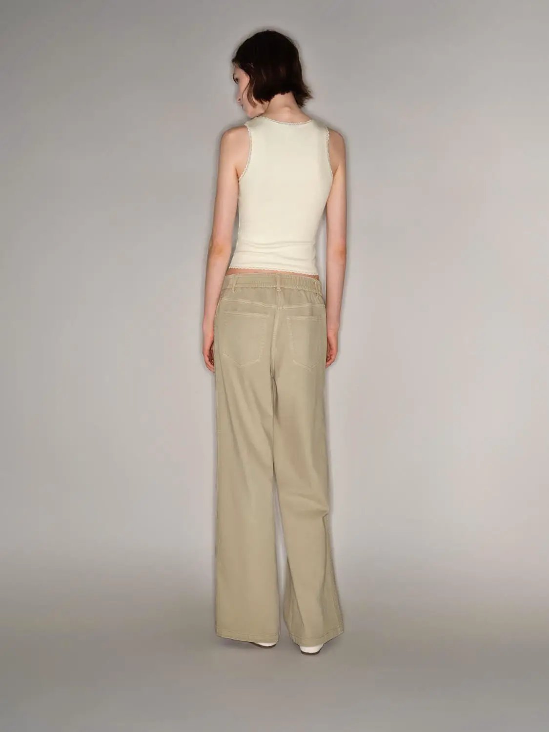 Side Stitch High-waisted Cotton Blend Wide-leg Pants
