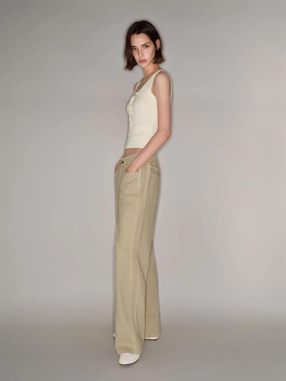 Side Stitch High-waisted Cotton Blend Wide-leg Pants