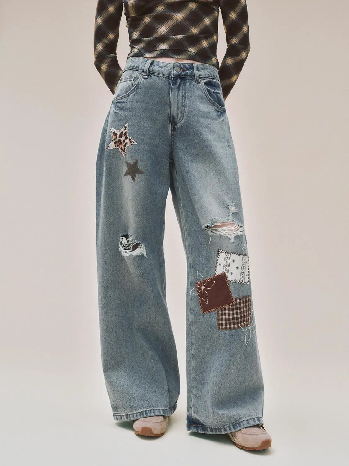 Patchwork Ripped Wide-leg Low-rise Cotton Jeans