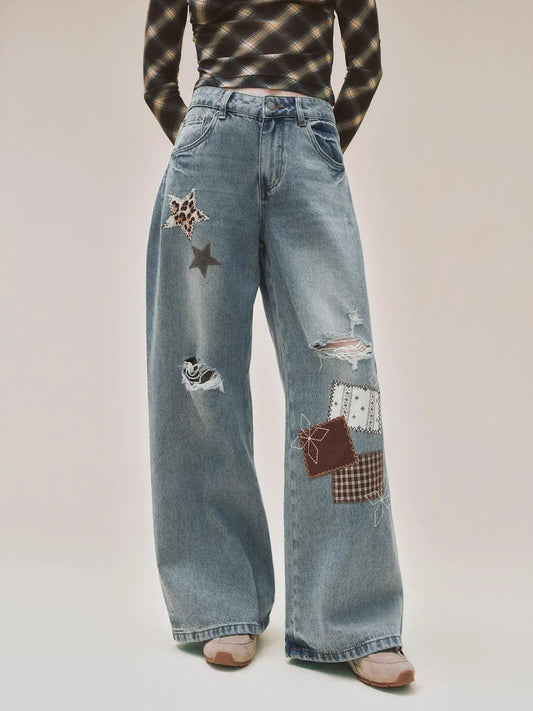 Patchwork Ripped Wide-leg Low-rise Cotton Jeans
