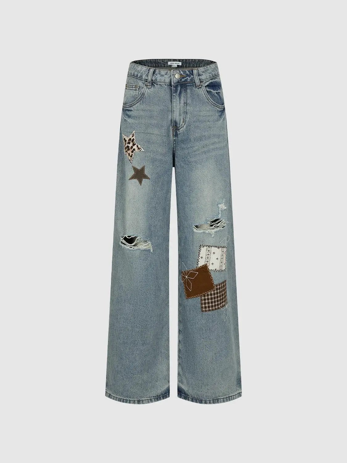 Patchwork Ripped Wide-leg Low-rise Cotton Jeans