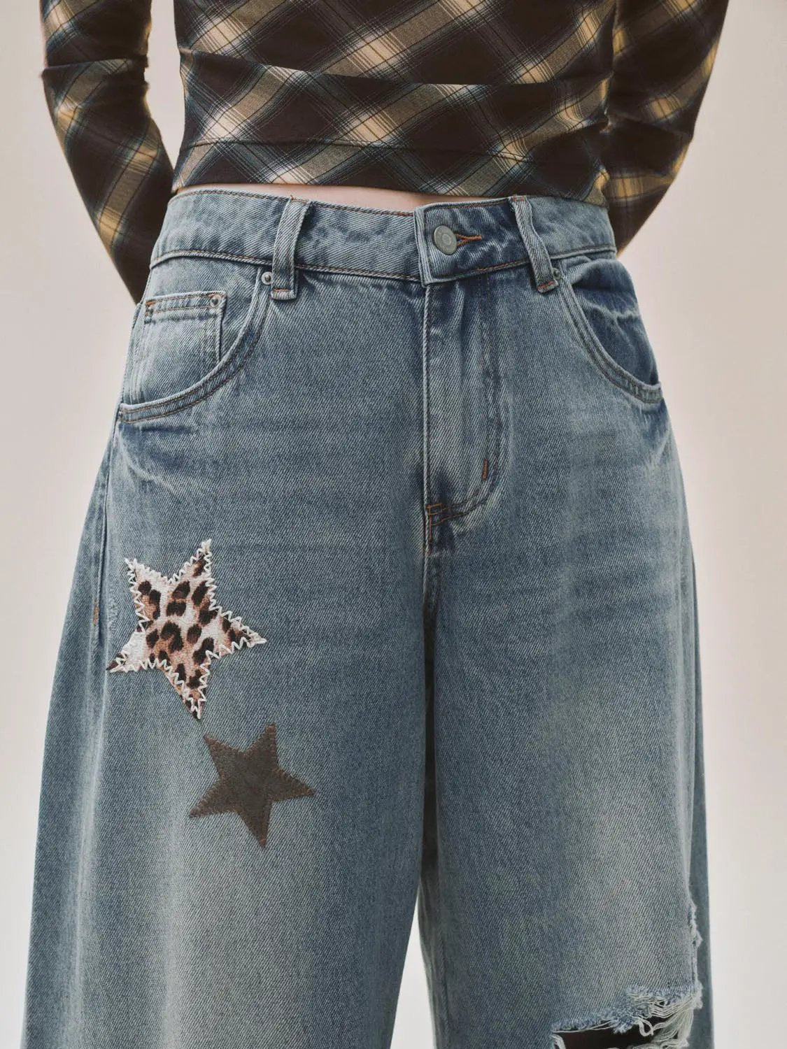 Patchwork Ripped Wide-leg Low-rise Cotton Jeans