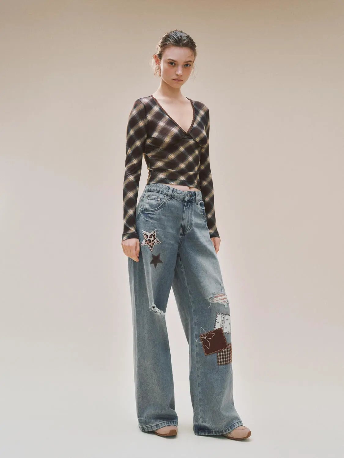 Patchwork Ripped Wide-leg Low-rise Cotton Jeans