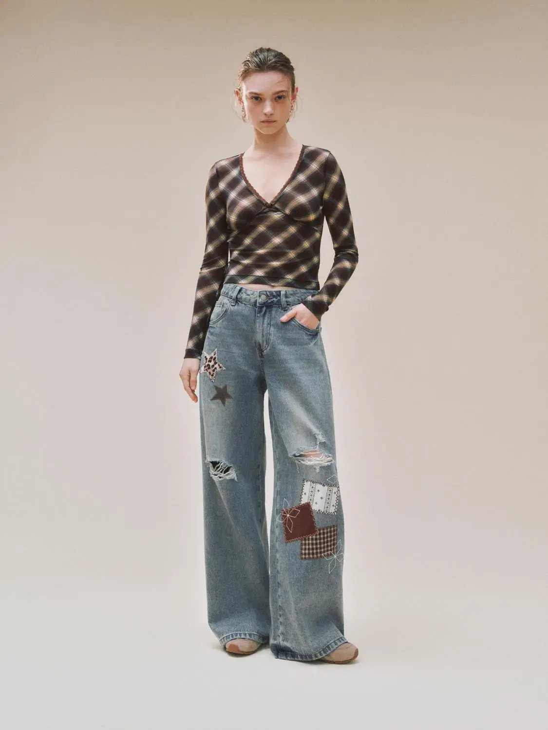 Patchwork Ripped Wide-leg Low-rise Cotton Jeans