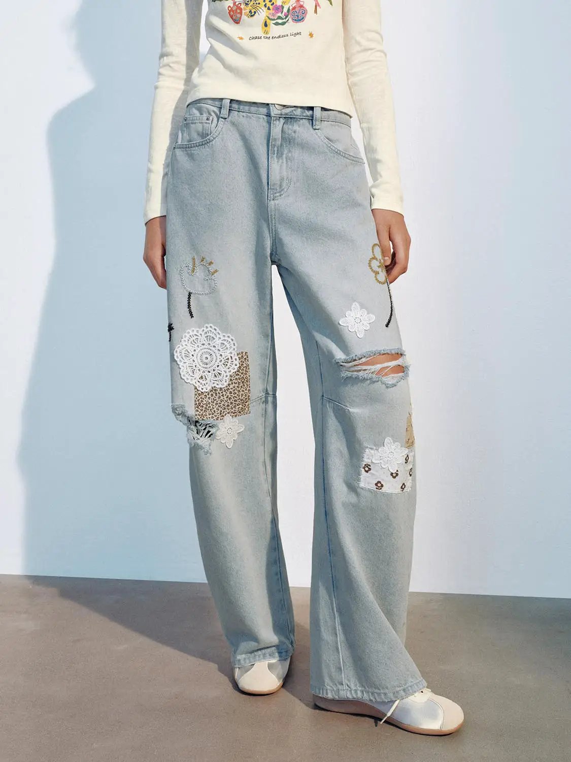 Embroidered Patchwork Ripped Cotton Wide-leg Jeans