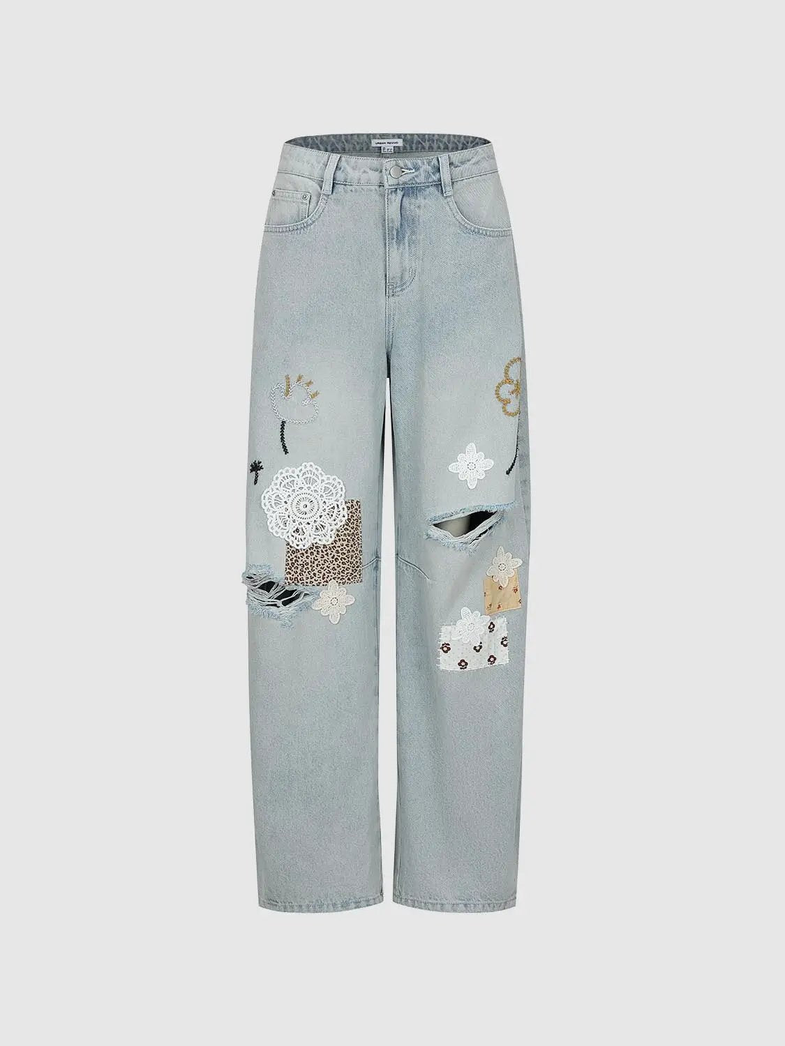 Embroidered Patchwork Ripped Cotton Wide-leg Jeans