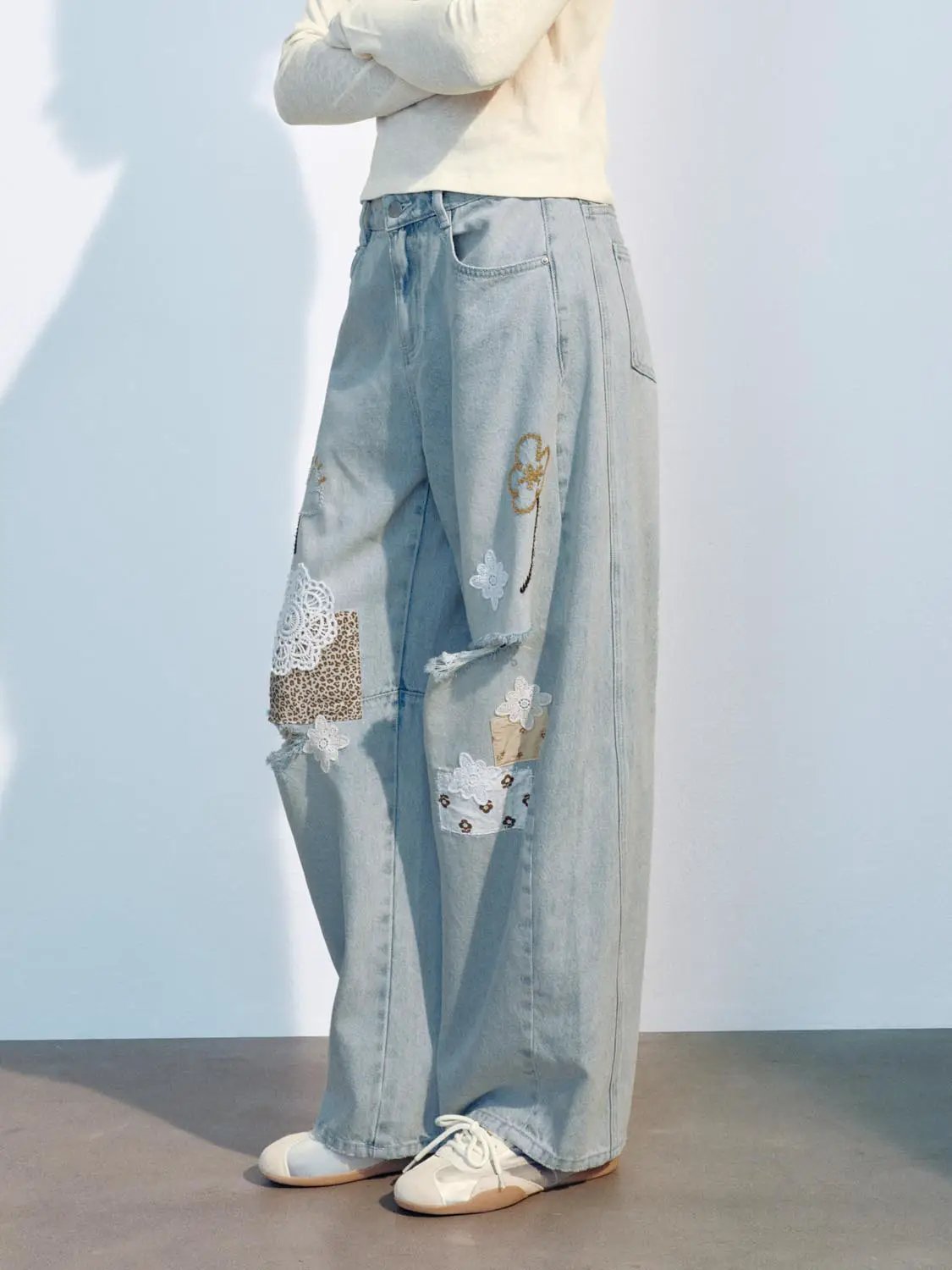 Embroidered Patchwork Ripped Cotton Wide-leg Jeans