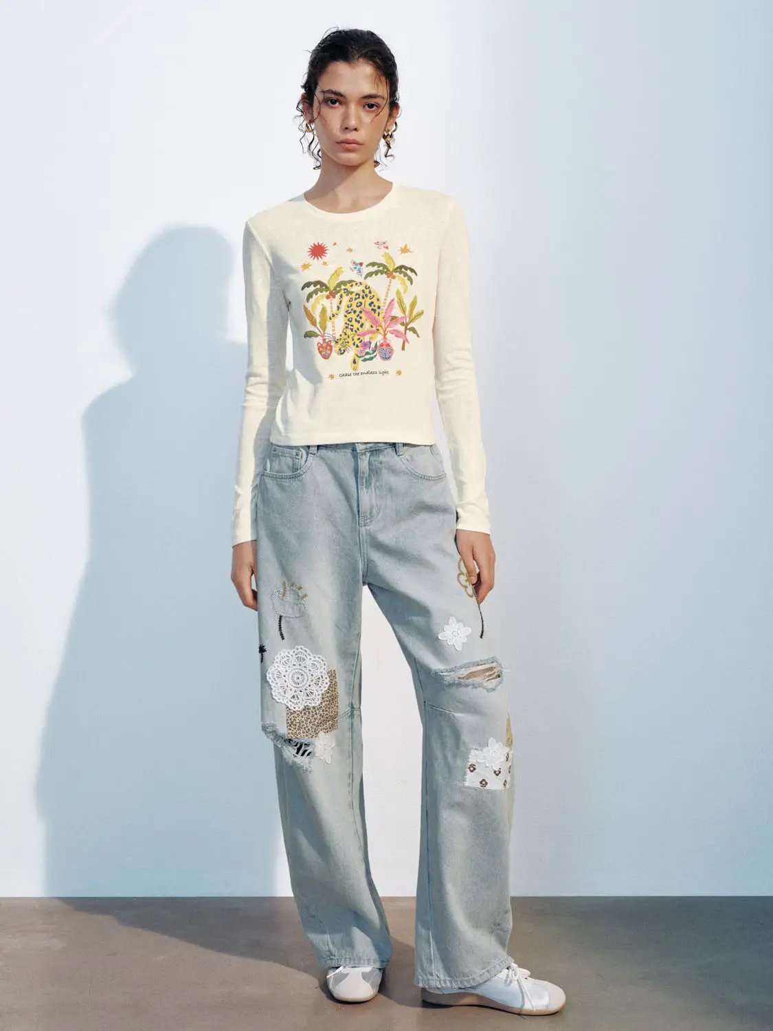 Embroidered Patchwork Ripped Cotton Wide-leg Jeans
