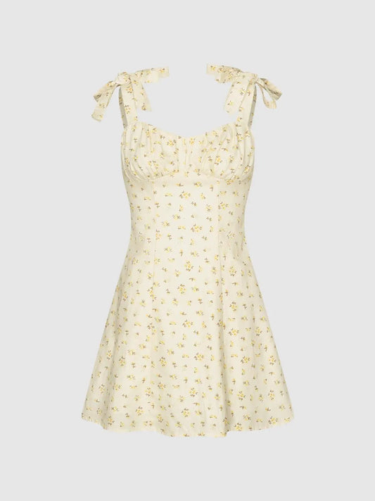 Ruched Floral Tie Strap Sleeveless Mini Dress Cotton Linen