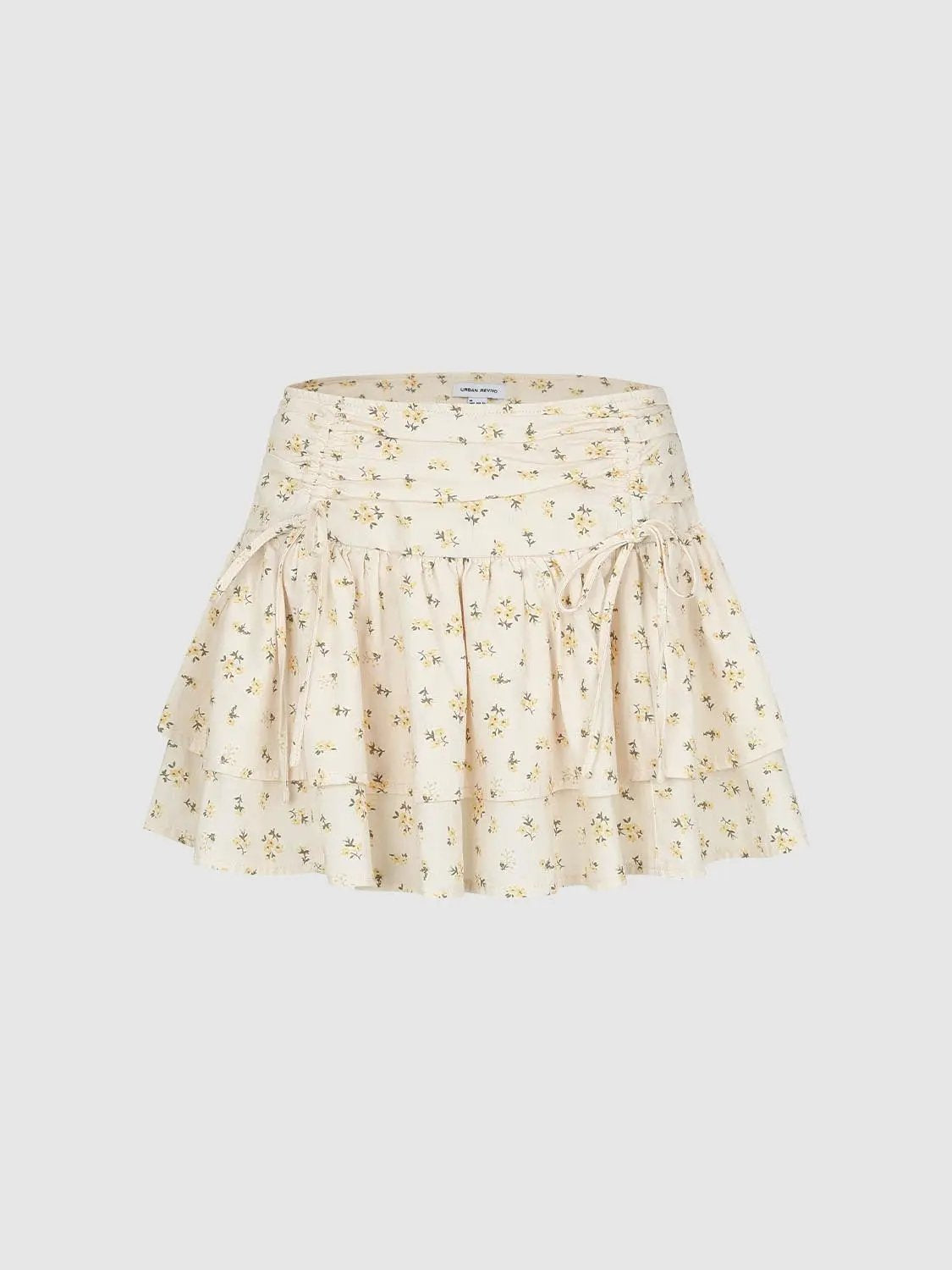Floral Ruched Drawstring Tiered Cotton Linen Blend Mini-skirt