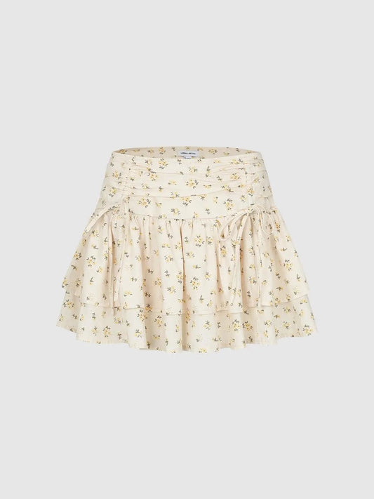 Floral Ruched Drawstring Tiered Cotton Linen Blend Mini-skirt
