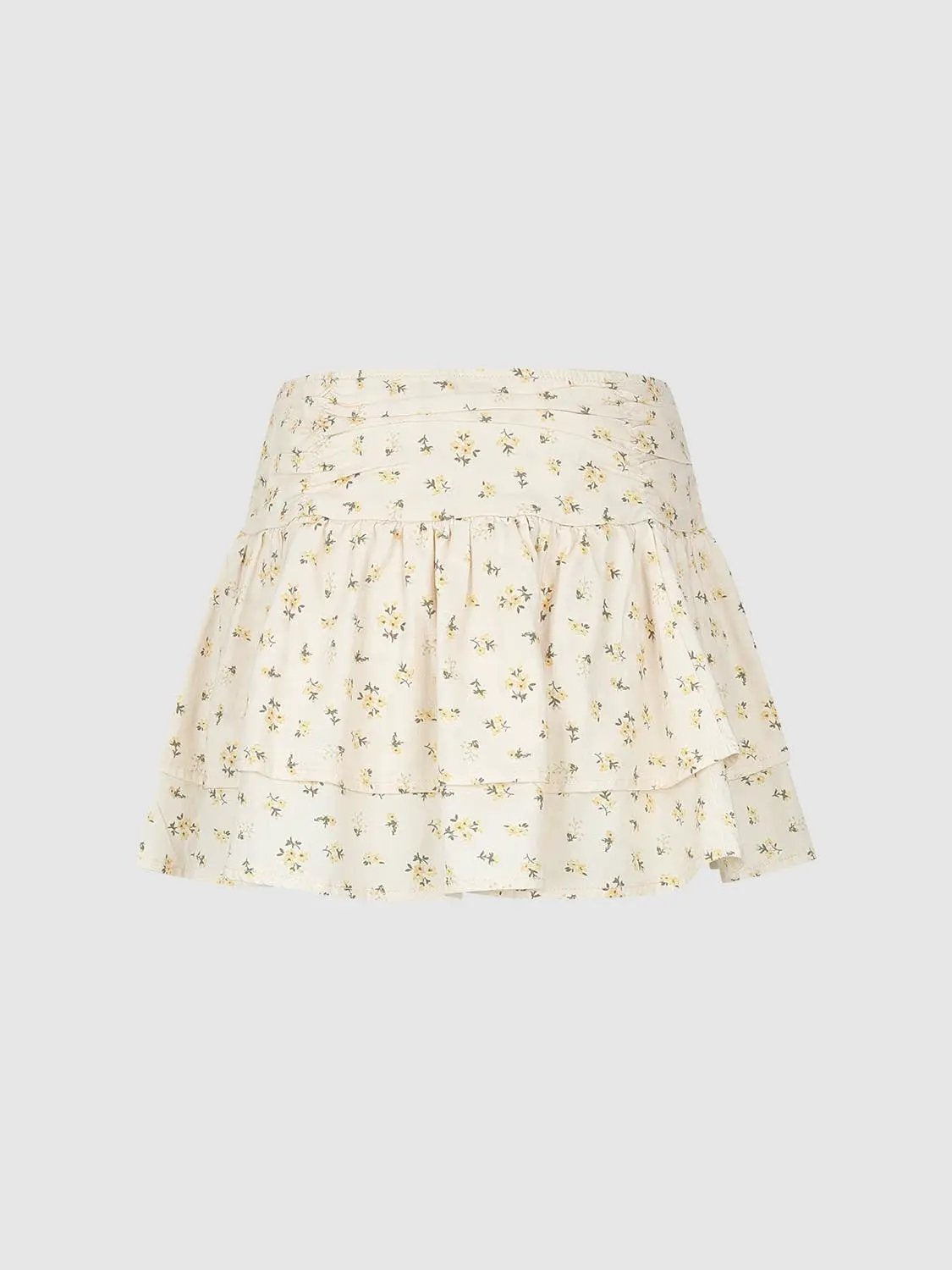 Floral Ruched Drawstring Tiered Cotton Linen Blend Mini-skirt
