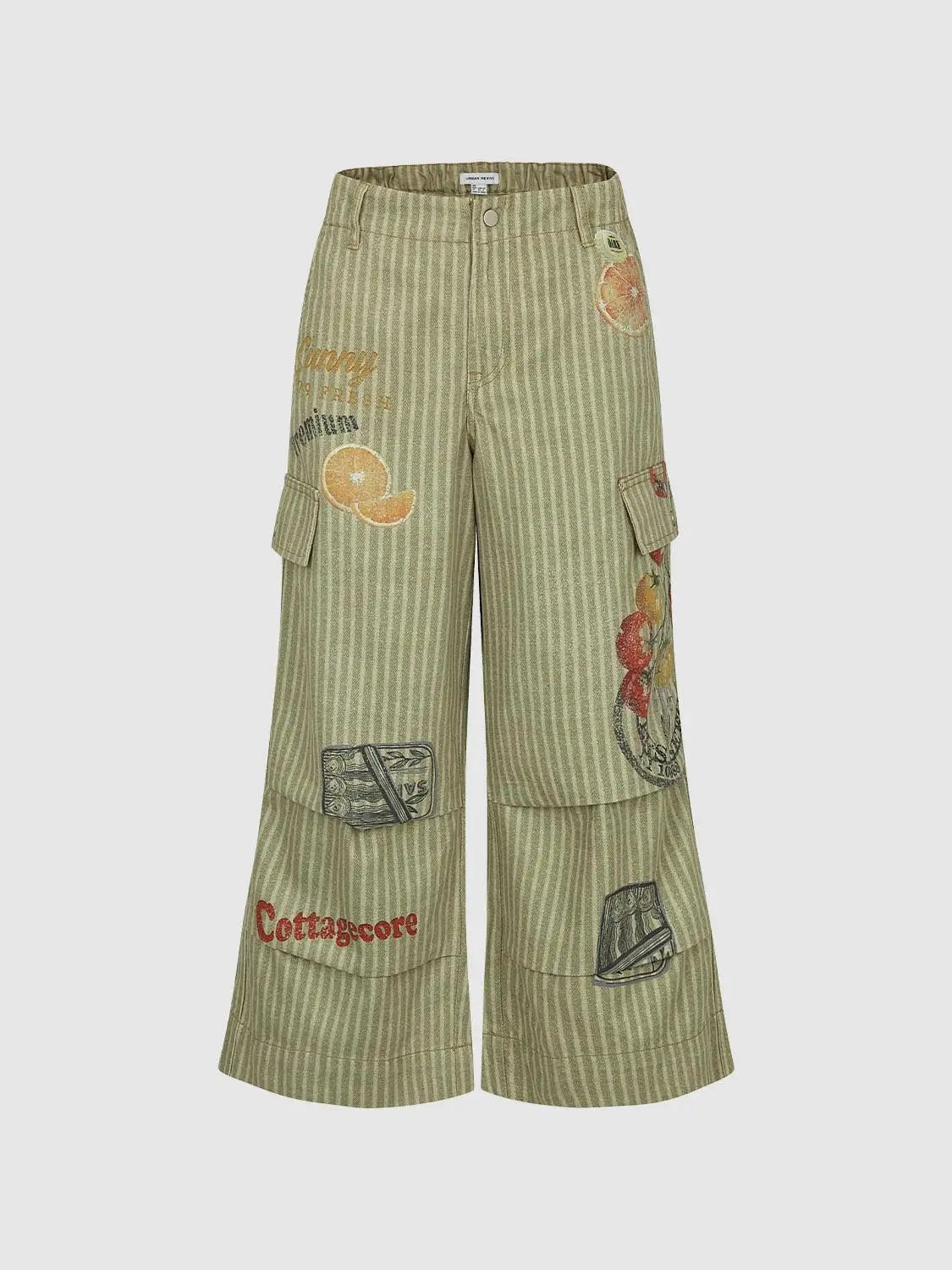 Striped Embroidered Flap Pocket Cotton Blend Wide-leg Pants