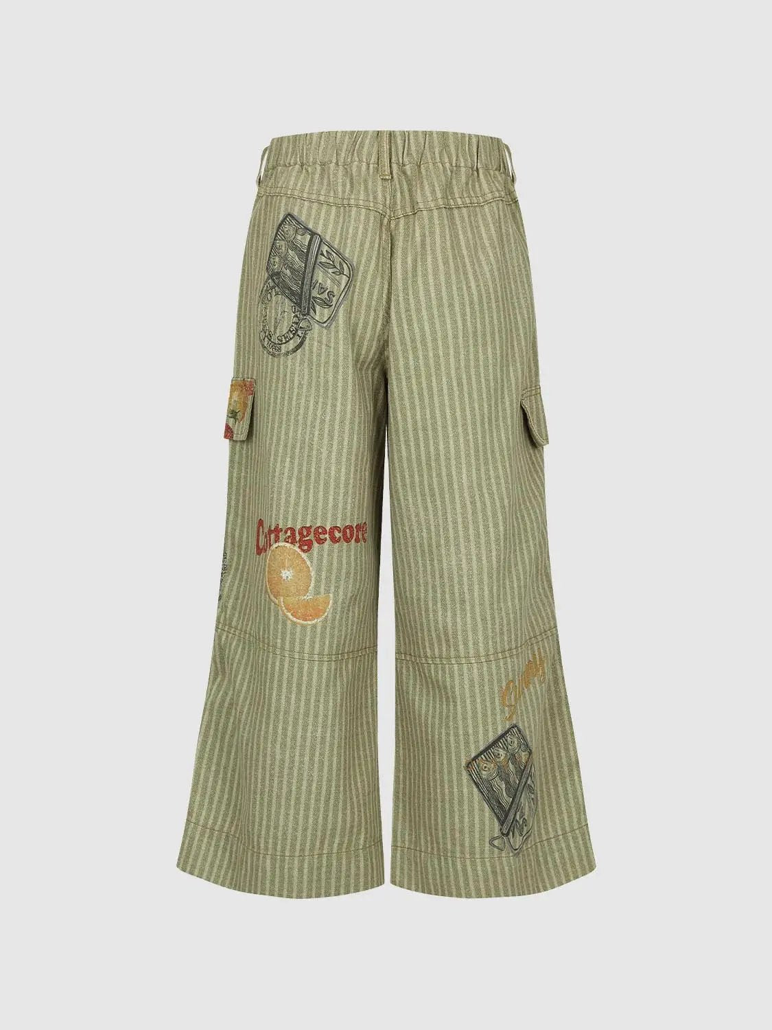 Striped Embroidered Flap Pocket Cotton Blend Wide-leg Pants