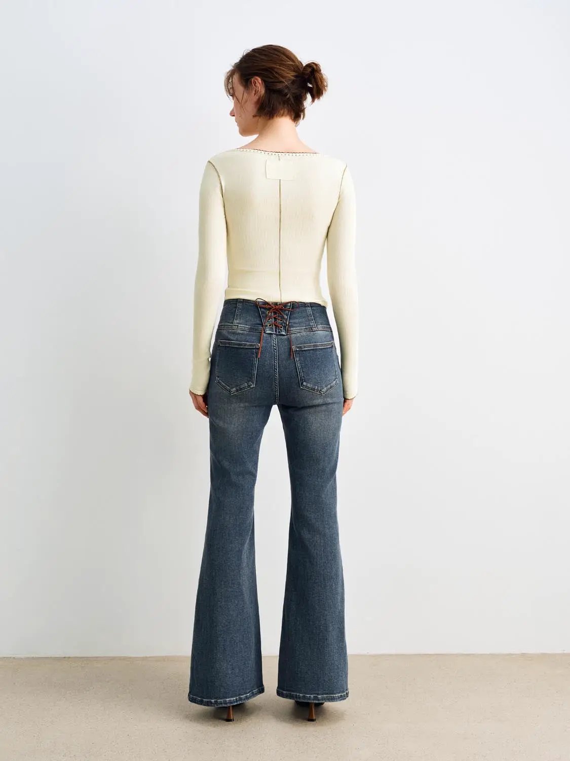 Vintage High-waisted Button Fly Flared Cotton Blend Jeans