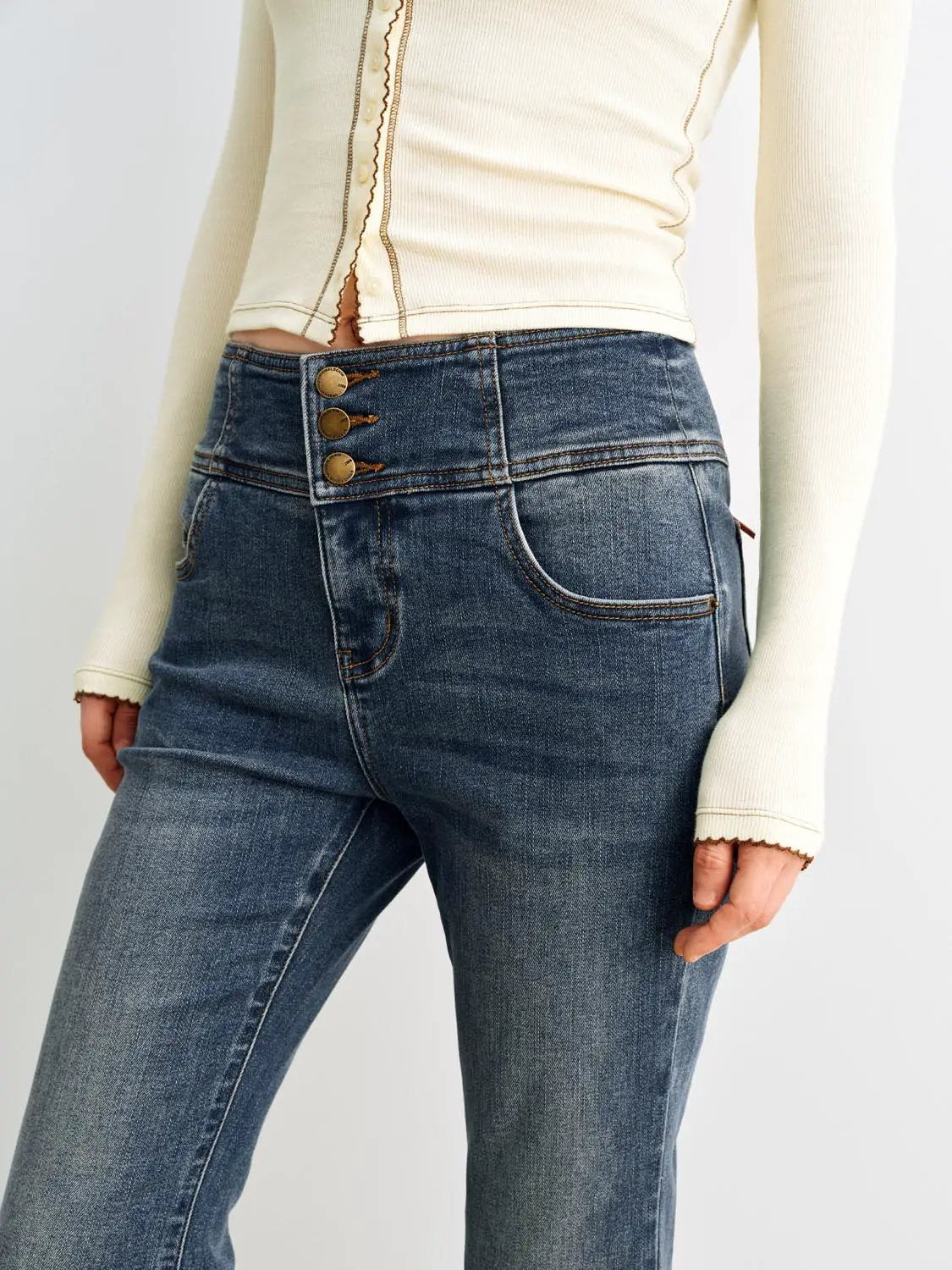Vintage High-waisted Button Fly Flared Cotton Blend Jeans
