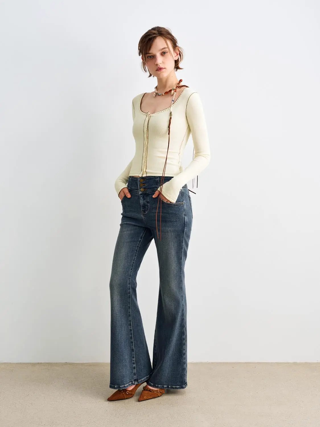 Vintage High-waisted Button Fly Flared Cotton Blend Jeans