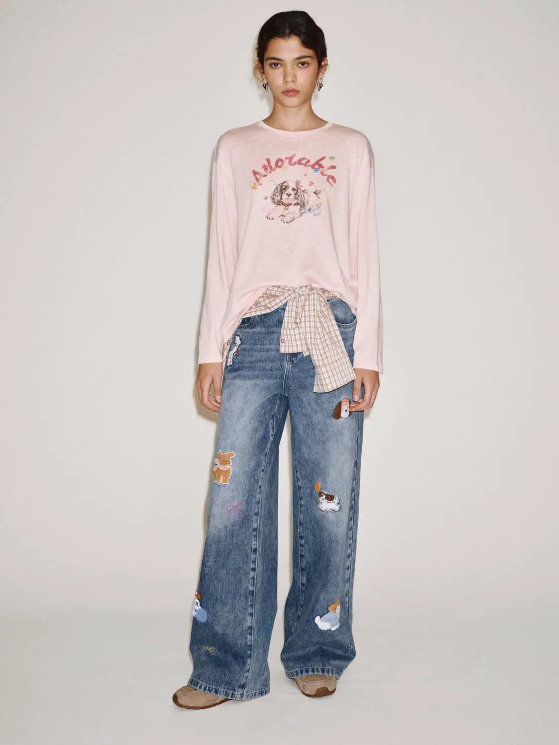 Embroidered Animal Wide-leg High-waisted Cotton Jeans