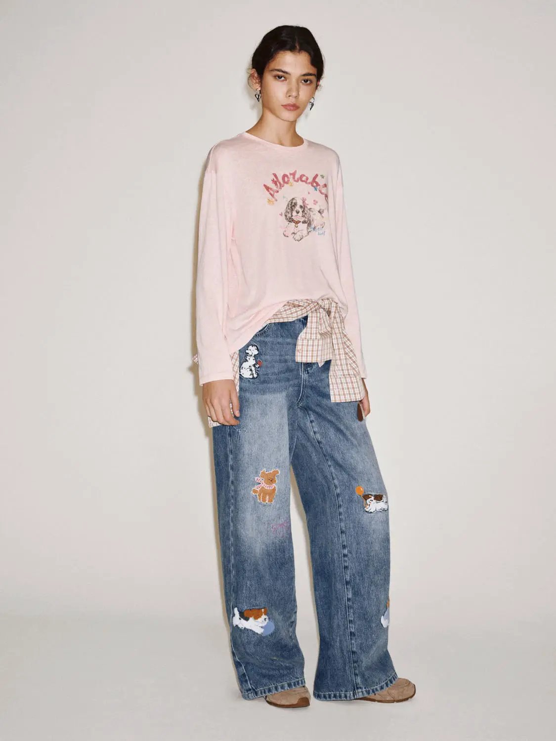 Embroidered Animal Wide-leg High-waisted Cotton Jeans