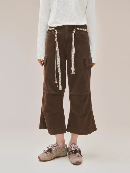 Wide-leg Cotton Cargo Pants With Decorative Rope Belt