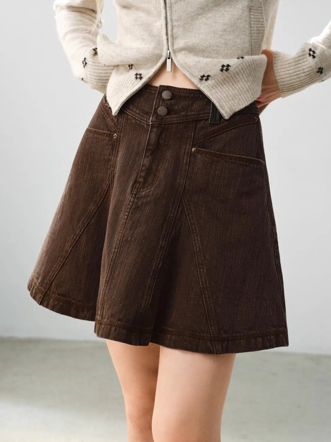 Panelled Button Front High-waisted Mini Cotton Skirt