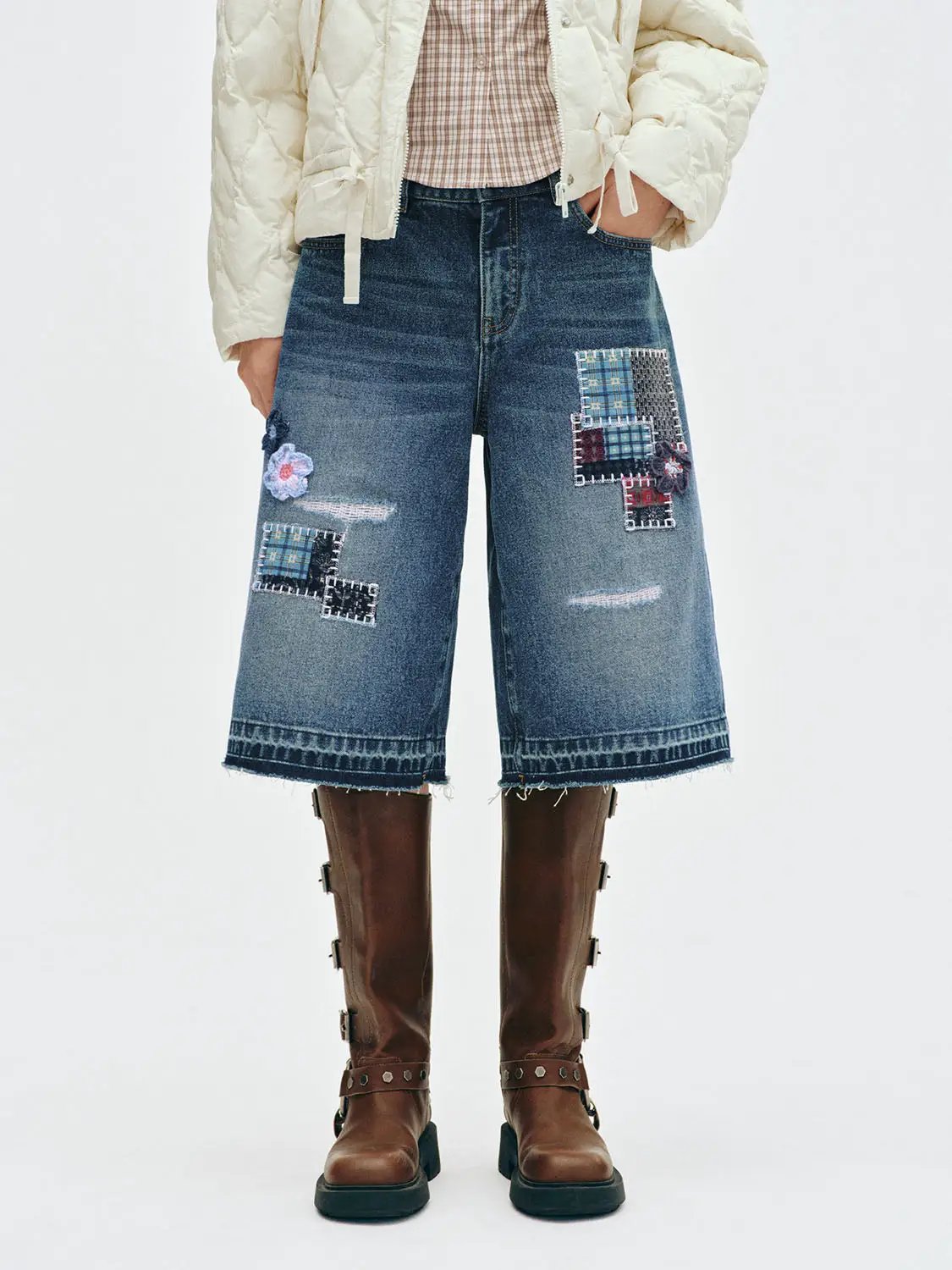 Distressed Patchwork Cotton Wide-leg Capri Shorts