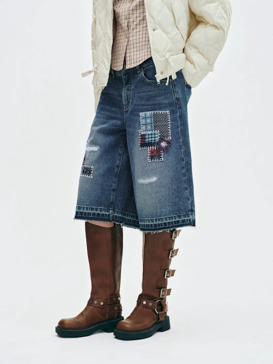 Distressed Patchwork Cotton Wide-leg Capri Shorts