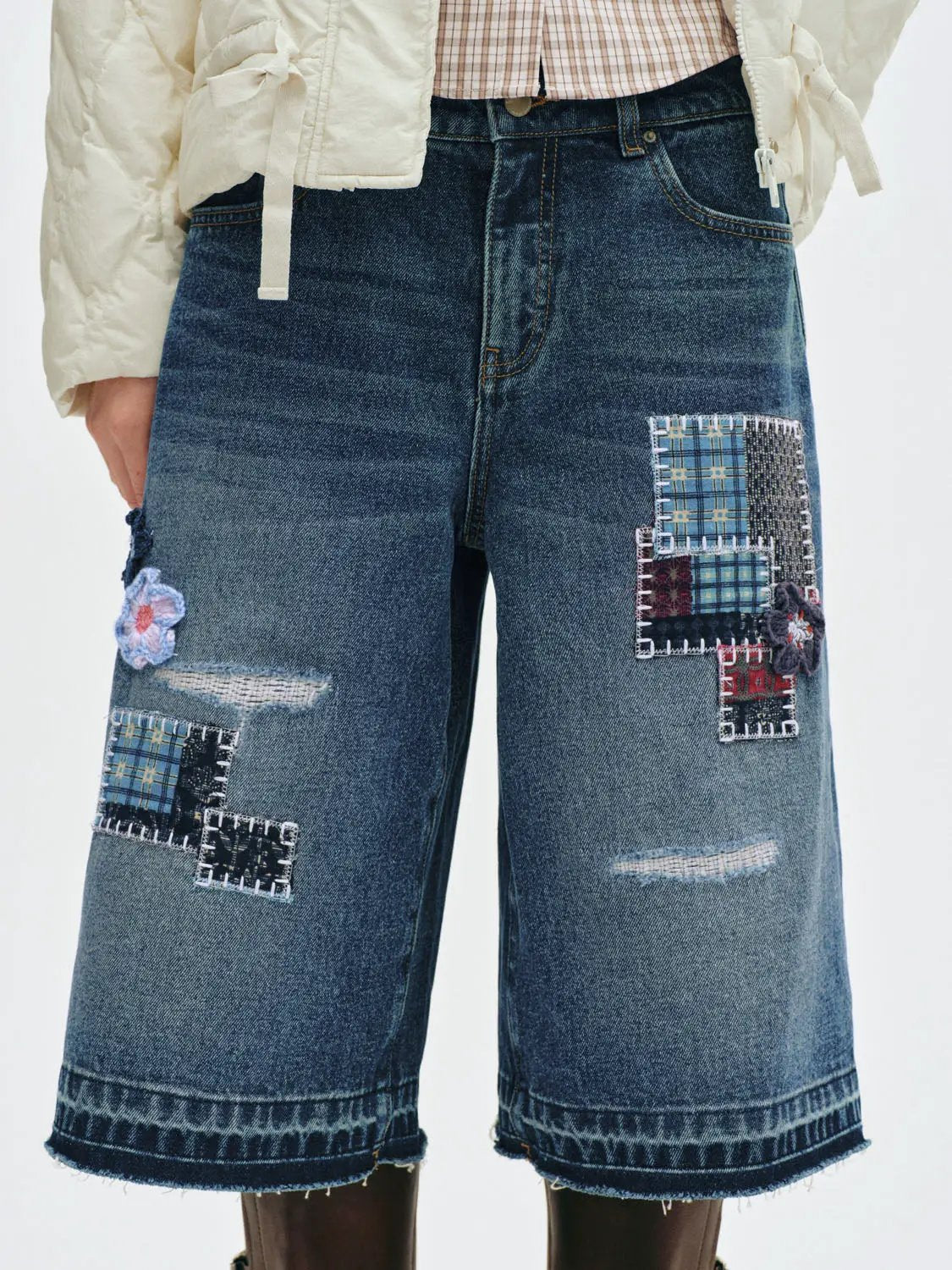 Distressed Patchwork Cotton Wide-leg Capri Shorts