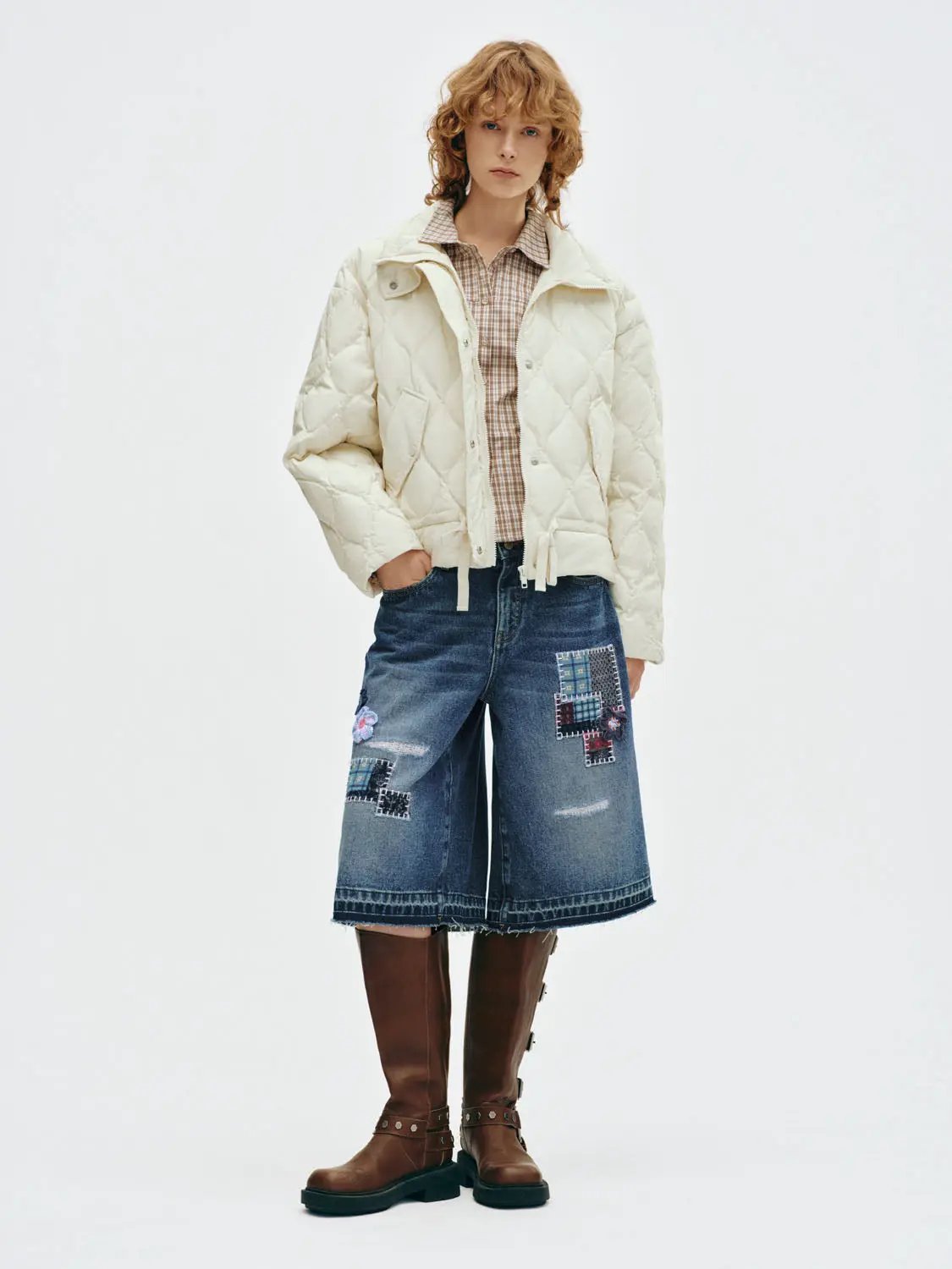 Distressed Patchwork Cotton Wide-leg Capri Shorts