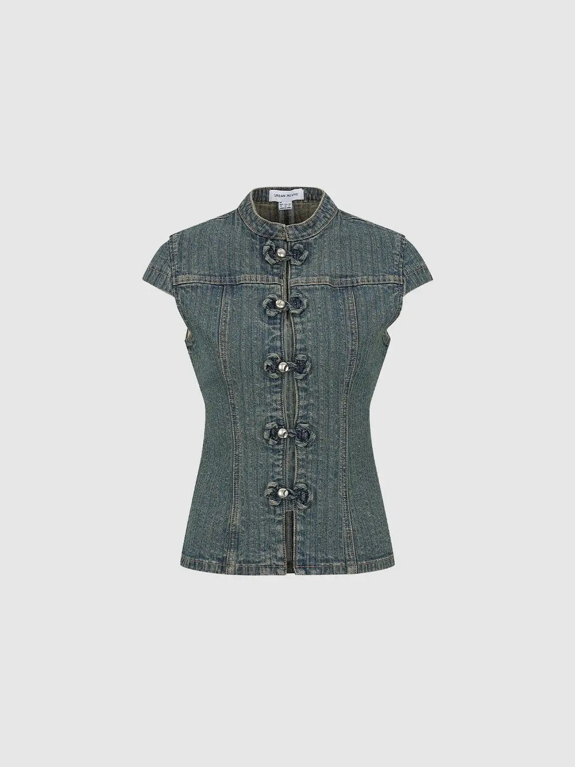 Knotted Button Fitted Short Sleeve Cotton Denim Shirt