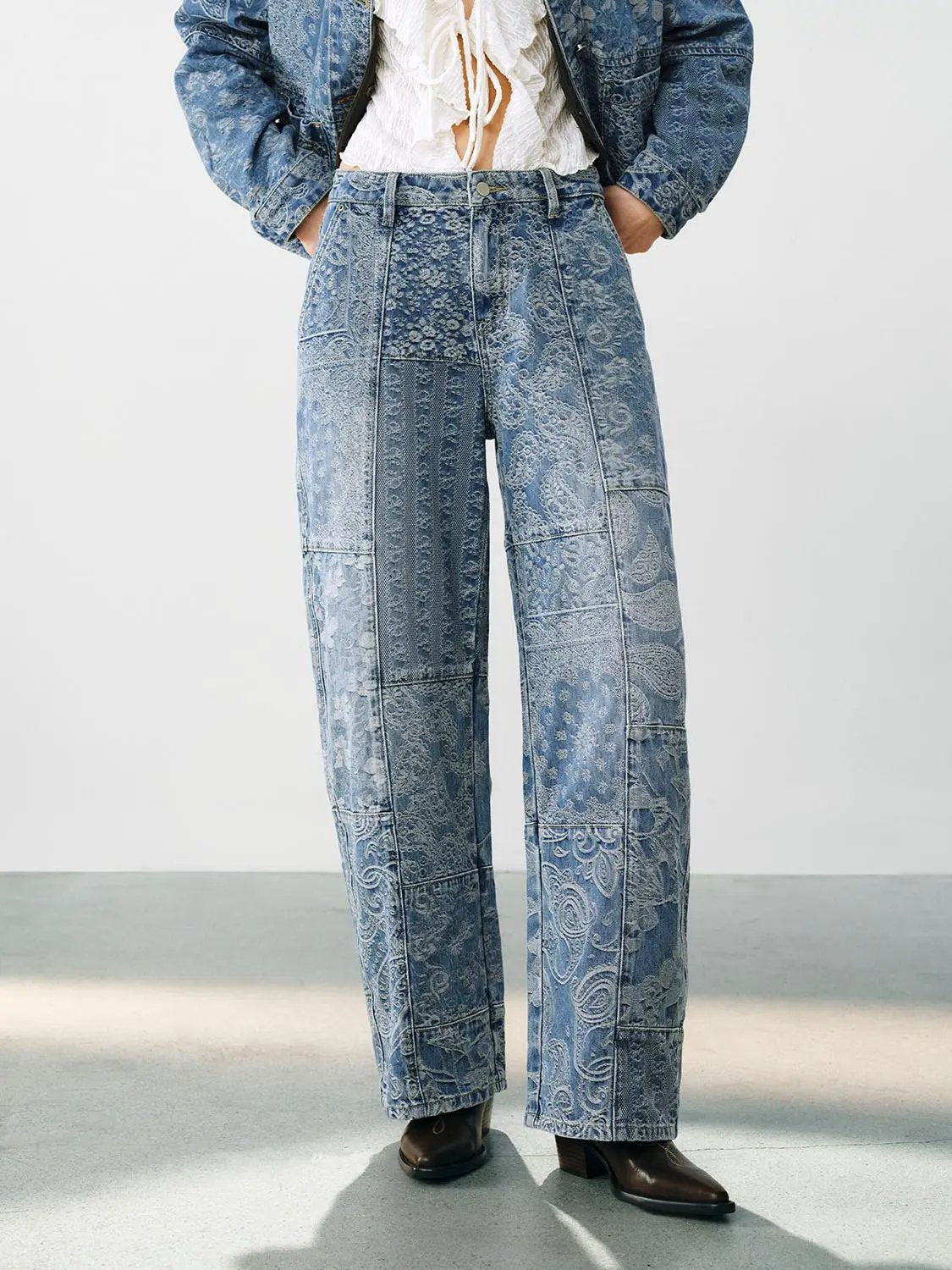 Patchwork Floral Print Wide-leg Low-rise Cotton Jeans