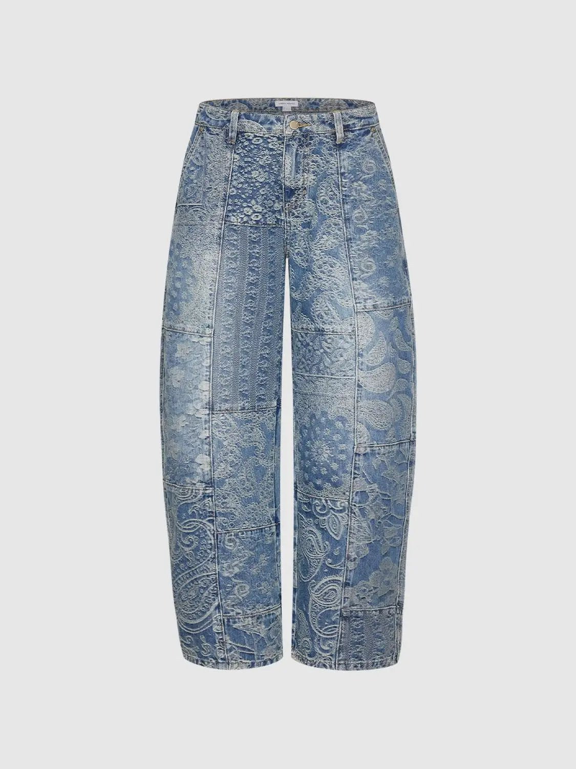 Patchwork Floral Print Wide-leg Low-rise Cotton Jeans