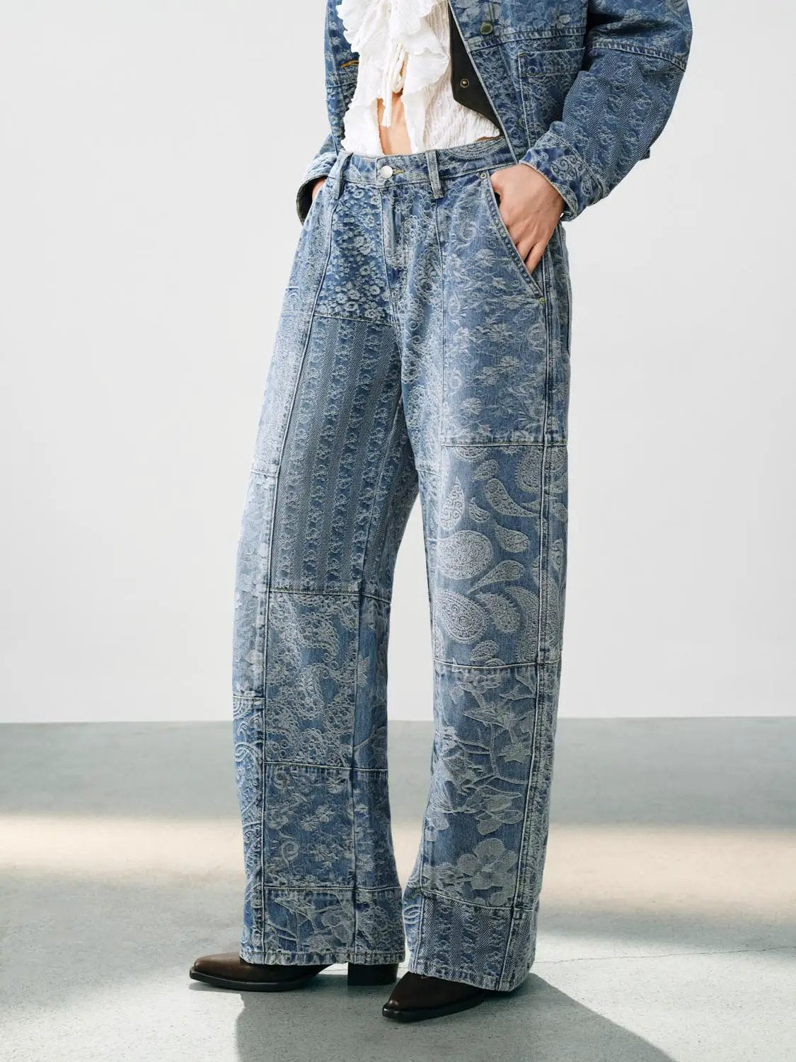 Patchwork Floral Print Wide-leg Low-rise Cotton Jeans