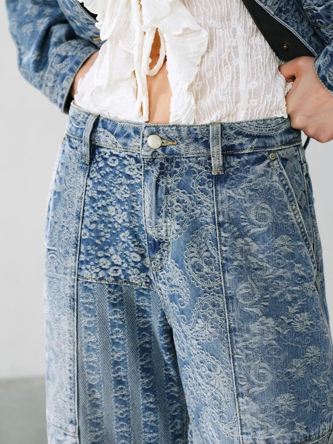 Patchwork Floral Print Wide-leg Low-rise Cotton Jeans