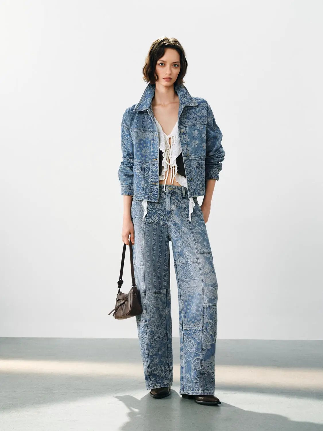Patchwork Floral Print Wide-leg Low-rise Cotton Jeans