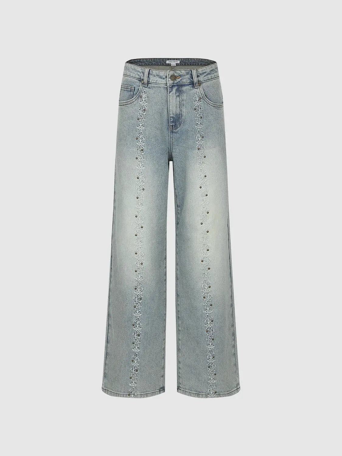 Embroidered Wide-leg High-waisted Cotton Jeans