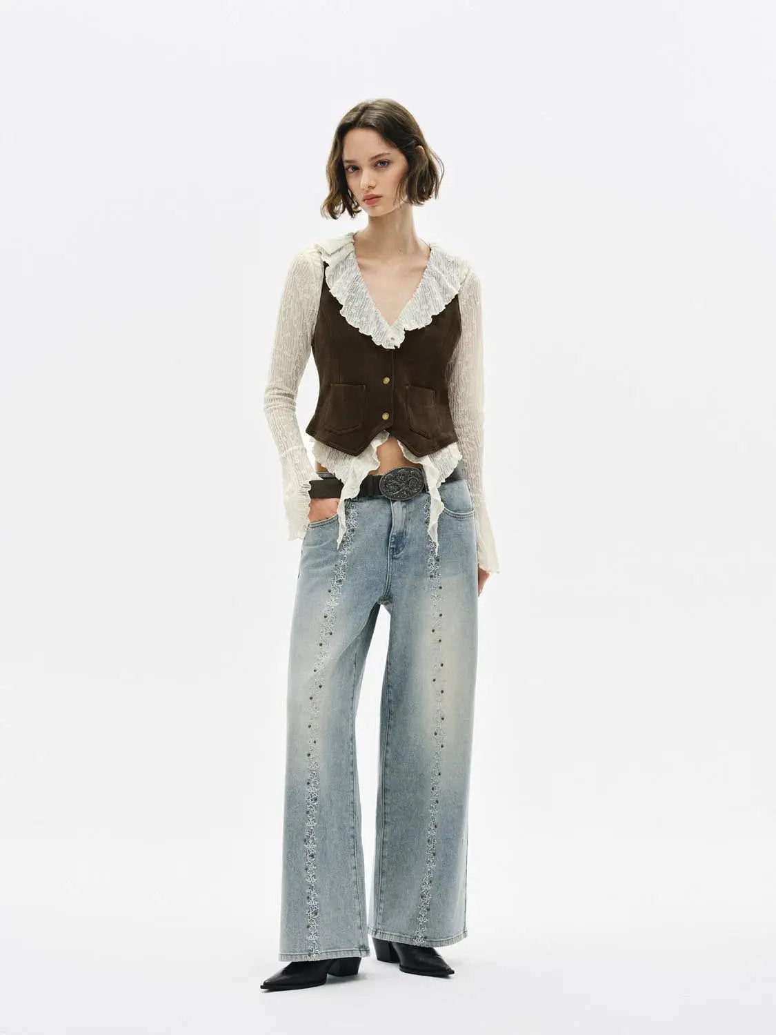 Embroidered Wide-leg High-waisted Cotton Jeans