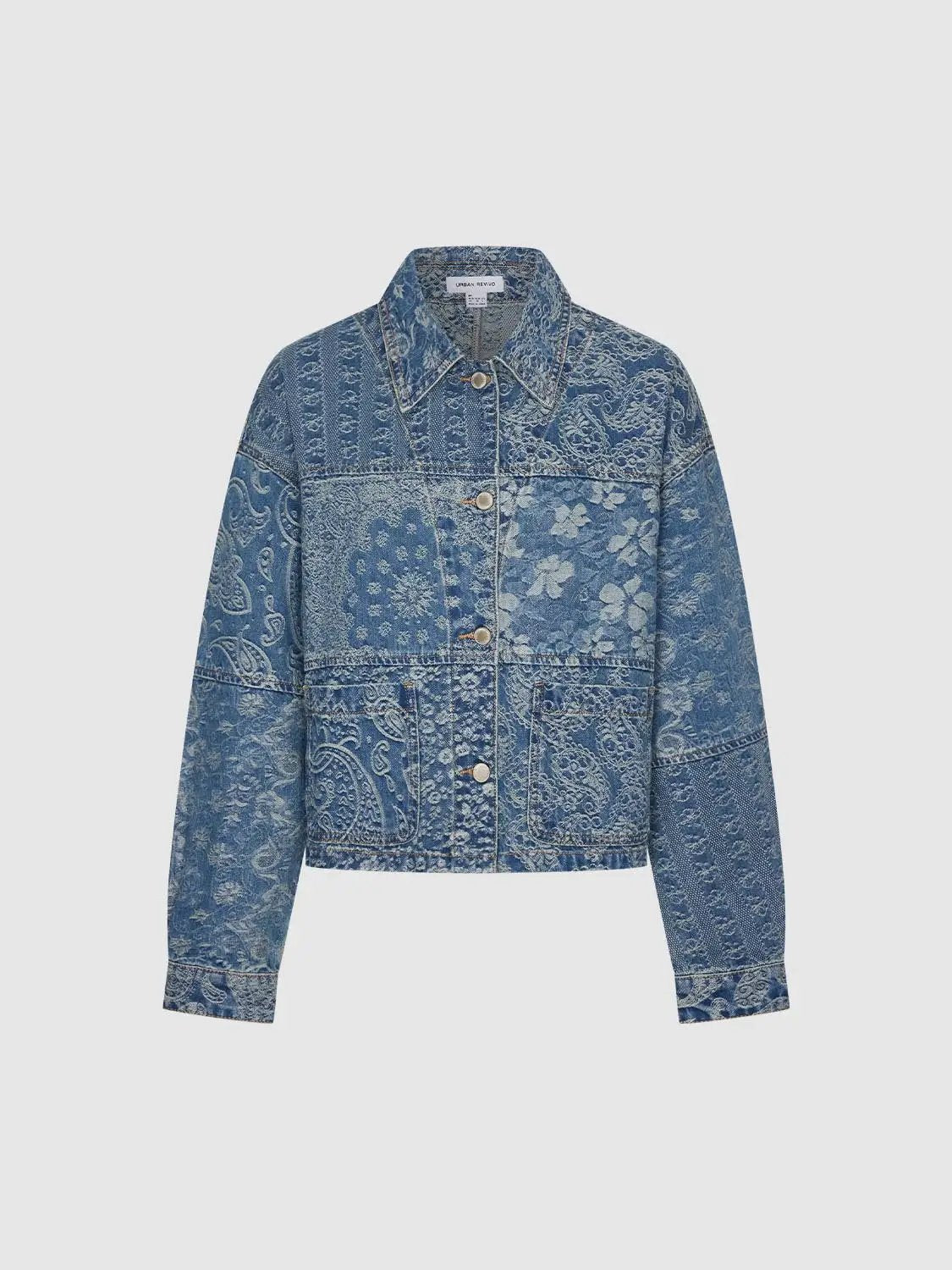 Cropped Printed Long Sleeve Cotton Denim Jacket