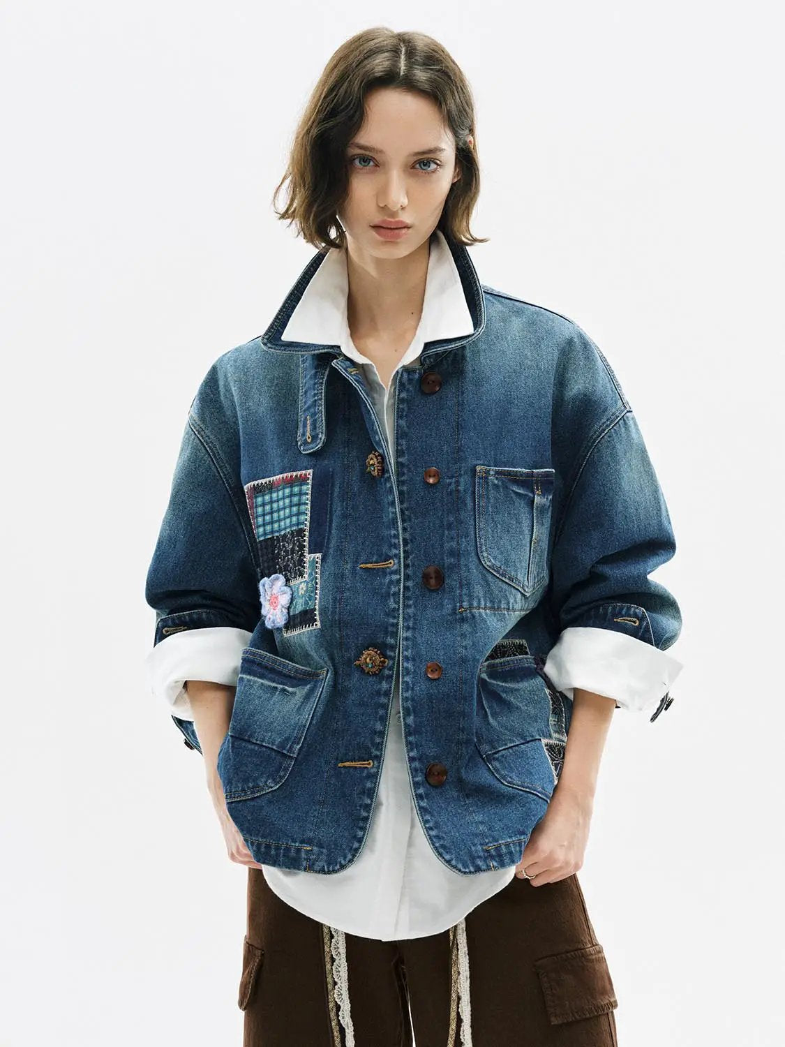 Floral Patchwork Long Sleeve Cotton Denim Jacket