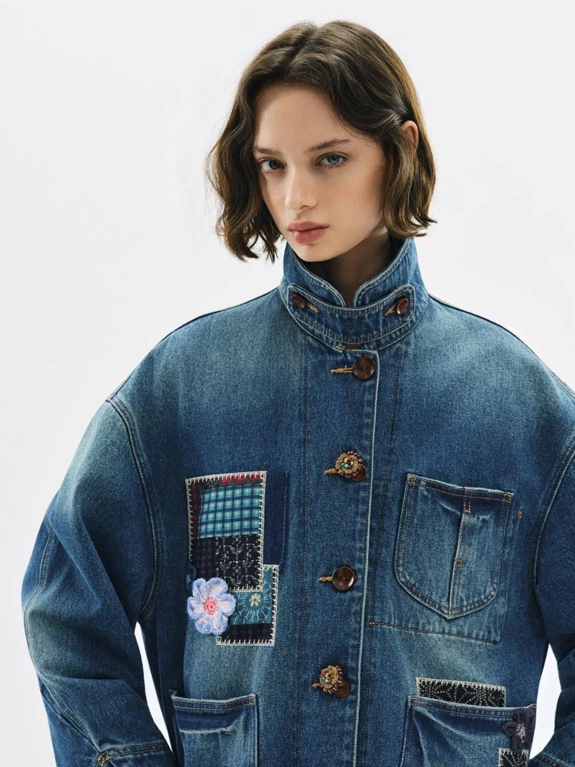 Floral Patchwork Long Sleeve Cotton Denim Jacket