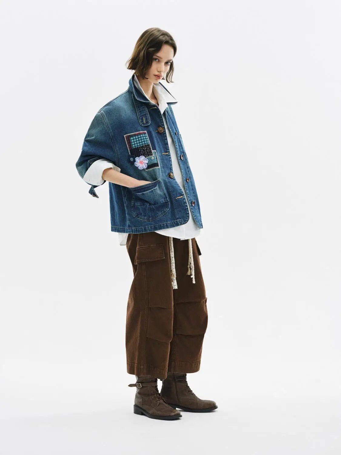 Floral Patchwork Long Sleeve Cotton Denim Jacket