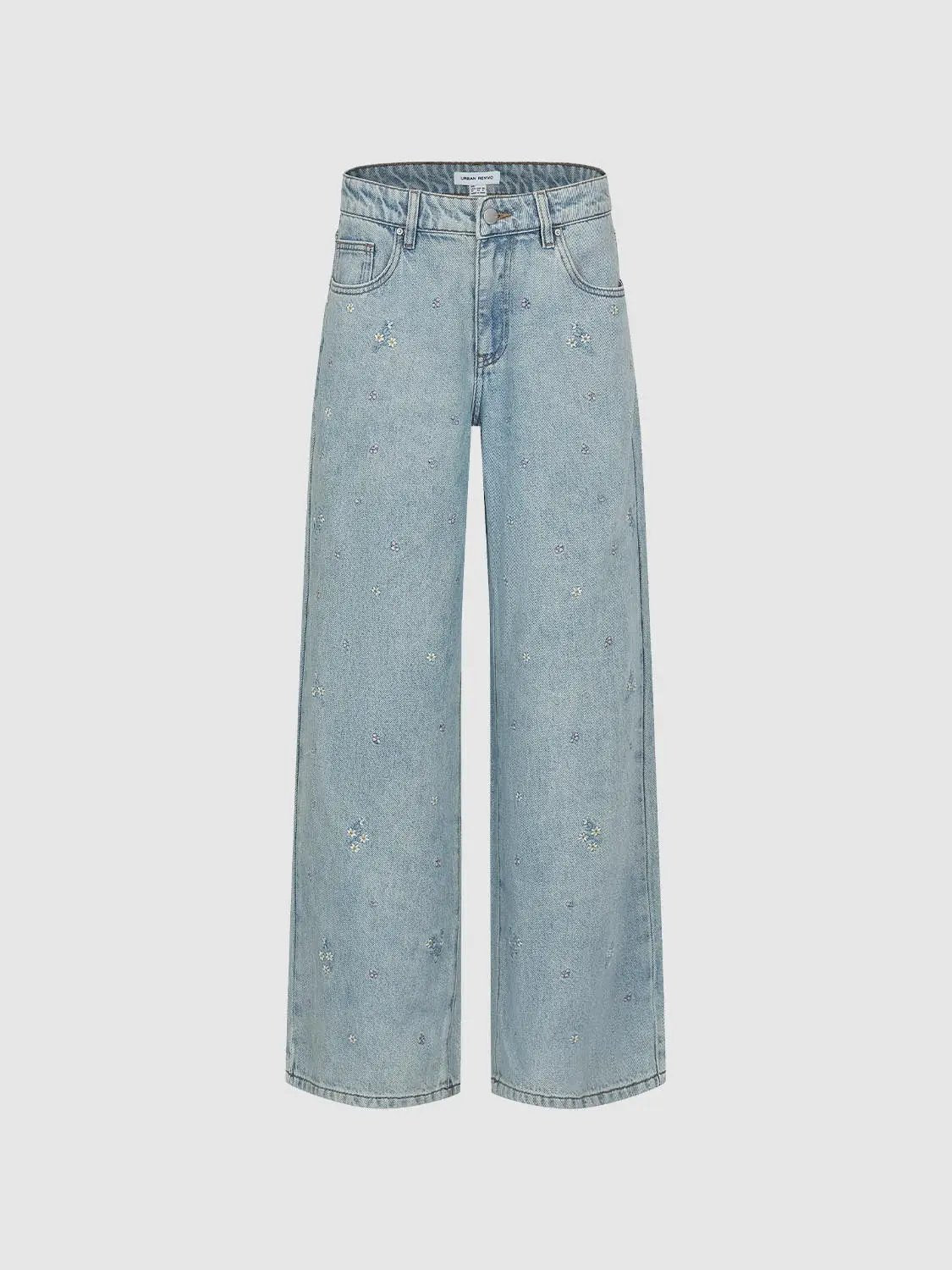 Light Wash Floral Embroidered Wide-leg Cotton Jeans
