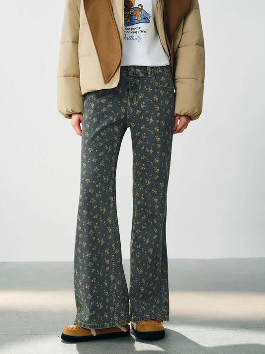 Floral Print High-waisted Wide-leg Cotton Blend Pants