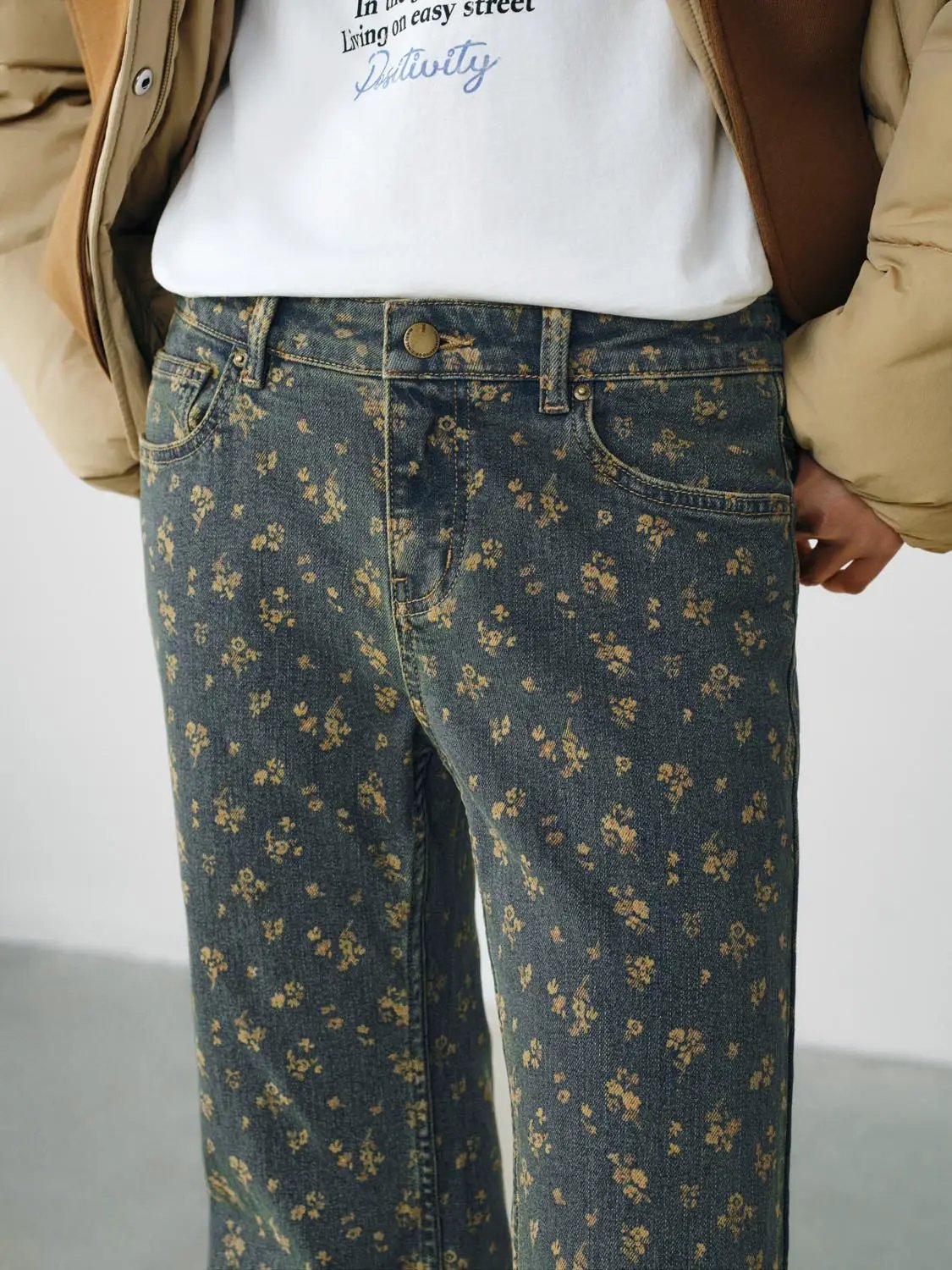 Floral Print High-waisted Wide-leg Cotton Blend Pants
